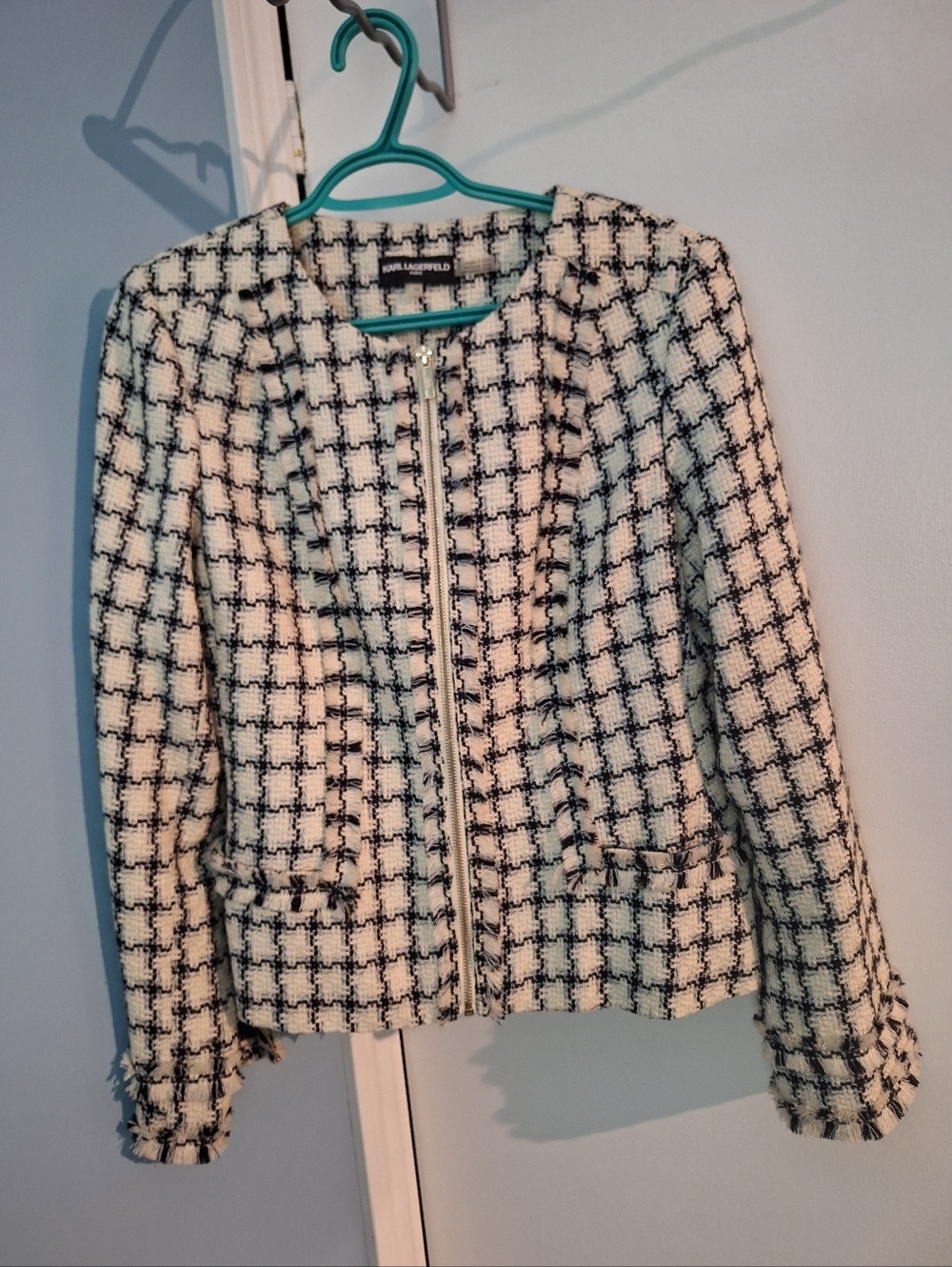 Karl Lagerfeld Paris Black White Plaid Tweed Zip Womens Jacket Size 10